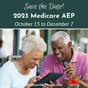 Photo of Black senior man and woman smiling while looking at a tablet screen, with promo text about Medicare AEP for 2023