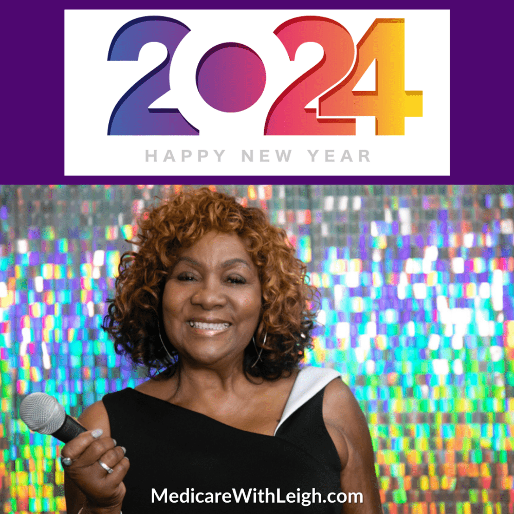 Image of Leigh Battle holding a microphone with a 2024 Happy New Year graphic at the top