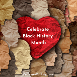 Stock photo of different colored faces in cutout paper with a red heart in the middle that says, "Celebrate Black History Month"