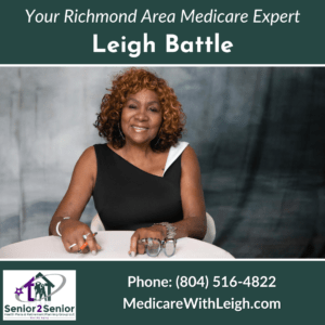 Promo graphic featuring a photo of Leigh Battle and stating that she is "Your Richmond Area Medicare Expert" - the bottom of the graphic highlights her phone number, website address, and business logo.