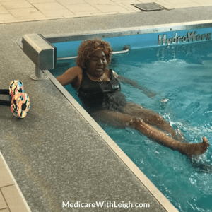 Photo of Leigh Battle enjoying water aerobics exercise in the local YMCA swimming pool in Richmond, VA