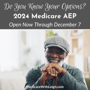 Promo graphic about it being the annual Medicare Enrollment Period, featuring a photo of a senior Black man smiling while sitting down with his cane