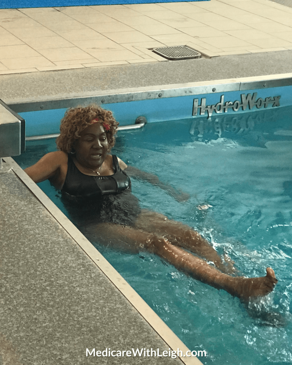 Leigh Battle enjoying some water aerobics in the local YMCA swimming pool, to share information about Stress Awareness Month.